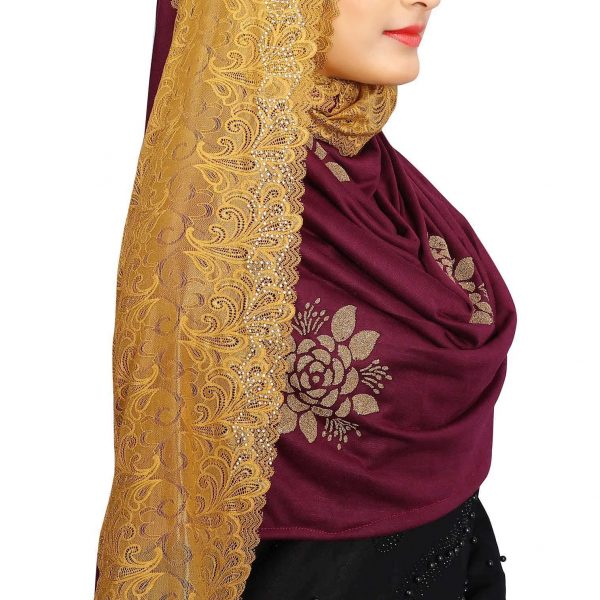 Hijab Mehroon Golden Floral Model-10