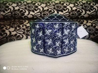 Banarasi Barkati Topi White Blue Leaf Design